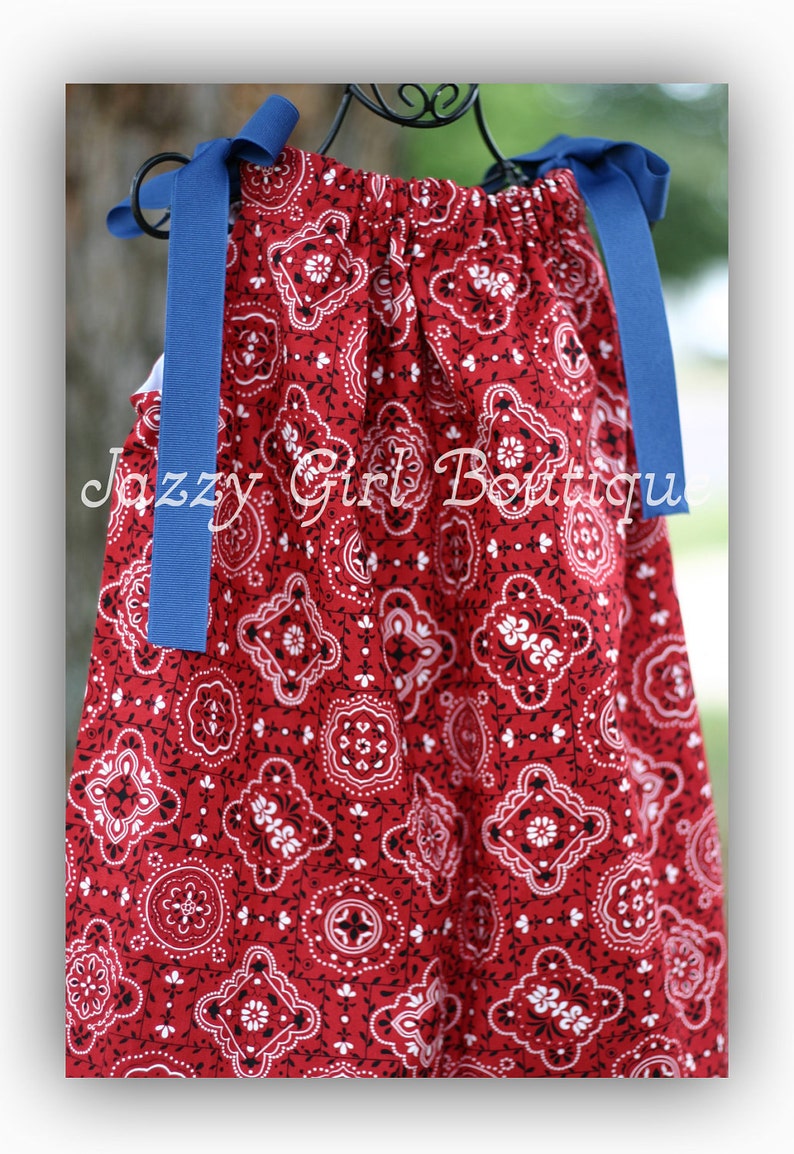 Girls Cowgirl Pillowcase Dress Red Bandana with Blue Bandana Trim and Blue Grosgrain Ribbon Ties