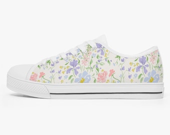 Women's floral print shoes, Pretty sneakers, Classic Low-Top Canvas Shoes - White/Black