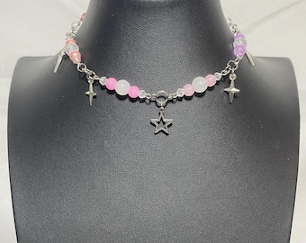 Star Necklace, Handmade Jewelry, Beaded Necklace, Choker Necklace, Star Pendant Necklace, Celestial Choker, Lunar Jewelry, Y2K, Astronomy