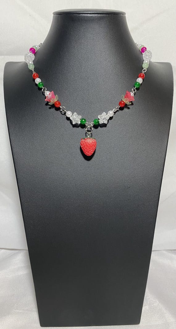 Strawberry Necklace, Beaded Necklace, Strawberry Pendant