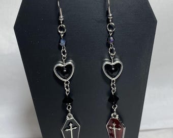 Coffin of Love Earrings (Ver. 1), Handmade Beaded Jewelry, Gothic Drop Earrings, Alternative Dangle Earrings, Vampire Aesthetic Jewelry, Emo