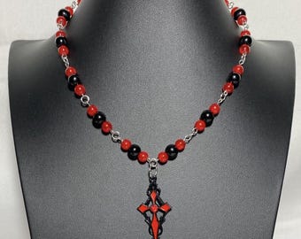 Vampire Gothic Necklace, Beaded Necklace, Handmade Necklace, Cross Pendant Necklace, Black and Red Necklace, Jewelry, Alt, Emo, Goth