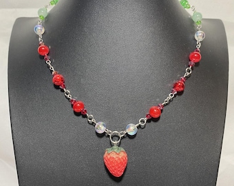 Strawberry Dream Necklace, Beaded Necklace, Cottagecore, Strawberry Pendant, Handmade Jewelry, Cute Aesthetic, Fruit Jewelry, Fairycore