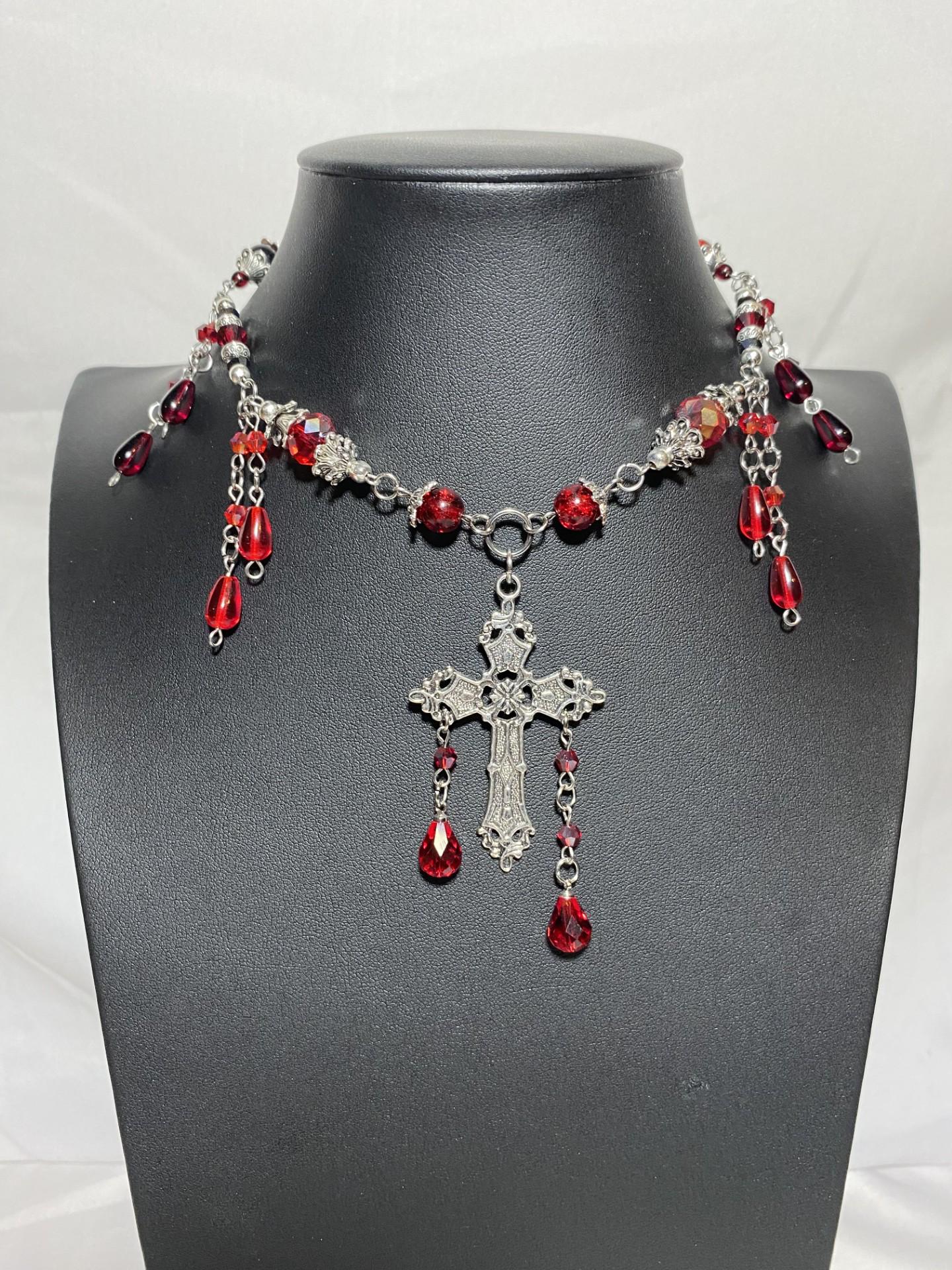 Gothic Victorian Vampire Necklace, Cross Pendant Necklace, Blood Drop Choker Necklace, Handmade Beaded Jewelry, Vampire Goth, Halloween