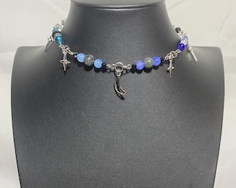 Moon Necklace, Handmade Jewelry, Beaded Necklace, Choker Necklace, Crescent Moon Pendant Necklace, Celestial Choker, Lunar Jewelry, Y2K