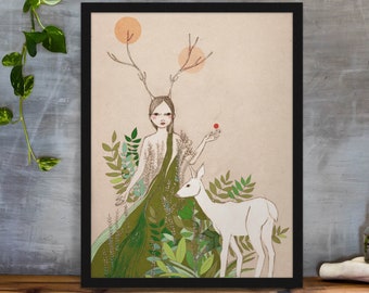 Magic Forest Print, Deer Wall Art, Birthday Gift for Best Friend, Anniversary Gift for Women, Whimsical Home Decor, Mystical Poster