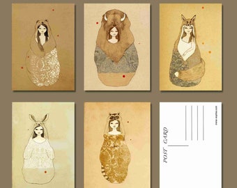 Animal Spirit Cards, Postcards Set of 5, Spirit Animals Art, Whimsical Postcards, 5x7 Art Print, Cute Postcard Set, Stocking Stuffer