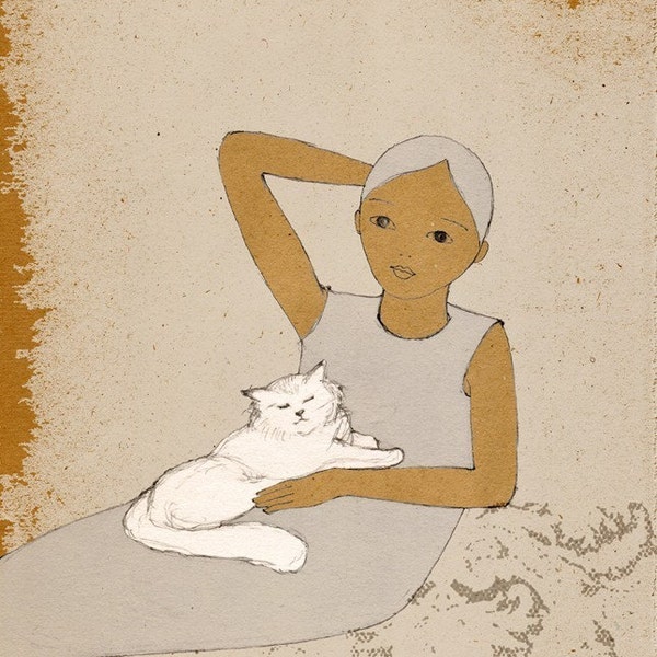 Girl with Sleeping Cat print of original drawing