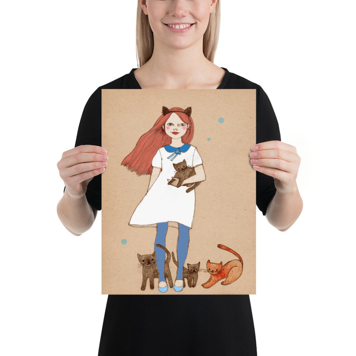 Redhead Cat Girl Wall Art Print Framed Or Unframed Ginger Cat Etsy