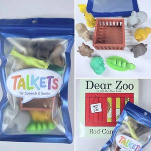 May include: A set of Talkets by Speech & Smile animal figurines including a yellow giraffe, gray elephant, brown bear, and green crocodile, along with a brown crate and the Dear Zoo lift-the-flap book, all packaged in a blue and clear plastic pouch.