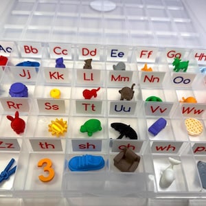 Könnte beinhalten: Ein klarer Kunststoff-Organizer gefüllt mit kleinen, farbenfrohen Objekten und Alphabetbuchstaben. Jedes Fach enthält ein anderes Objekt, wie einen roten Apfel, einen blauen Radiergummi und eine grüne Schildkröte, passend zum Buchstaben auf dem Etikett.