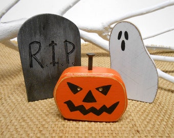 Pumpkin Ghost Gravestone Handmade Wood Halloween Decor Set of 3