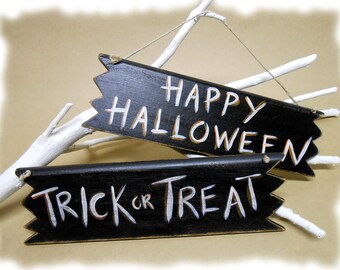 Happy Halloween & Trick or Treat Hand Painted Wood Sign Holiday Decor Set of 2