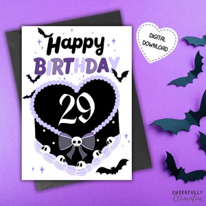 d'anniversaire de chauve-souris gothique personnalisée | Conception de gâteau violet | Carte de voeux imprimable en téléchargement numérique | 5 x 7 pouces