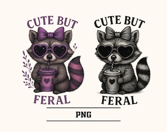 Cute But Feral Raccoon PNG, Bow Design (Digital Download)