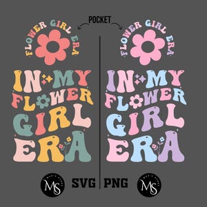 Könnte beinhalten: Ein Grafikdesign mit dem Text "In My Flower Girl Era" im Retro-Stil in den Farben Pink, Blau, Gelb und Grün. Das Design enthält eine Blumengrafik und die Worte "Flower Girl Era" in einem Kreis.