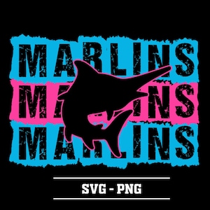 May include: Black graphic design featuring a silhouette of a marlin fish. The word "MARLINS" is stacked three times in a distressed font, with each word set against a blue and pink background. The text "SVG - PNG" is at the bottom.