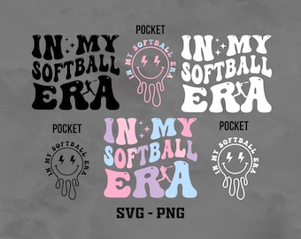 May include: A collection of softball-themed graphics with the text "IN MY SOFTBALL ERA" in various colors and styles. Includes a softball player silhouette and a smiley face with lightning bolts. The words "POCKET" and "SVG - PNG" are also present.