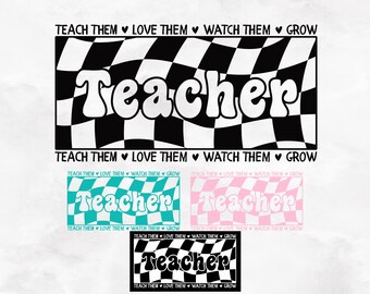 Retro Teacher Checkerboard PNG SVG, Groovy Distressed Design (Digital Download)