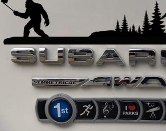 Subaru Mountain Range Decal with Bigfoot - Forest Adventure Car Sticker, Sasquatch Window Vinyl for Subaru Outback Crosstrek WRX STI IMPREZA