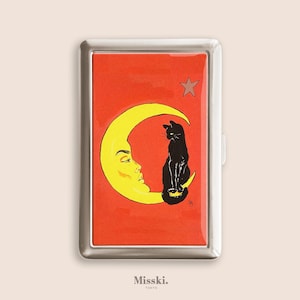 1917 Vintage Black Cat on Moon Cigarette Case, Vintage Purse Joint Holder, Metal Box, Zigarettenetui, Father&#39;s Day Gifts