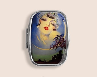 LADY in the MOON Vintage 1927 Magazine Small Pill Box Ring Trinket Stash Organiser Medicine Vitamins Gum Tic Tacs Mint Metal Case Holder