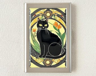 Art Nouveau Black Cat Credit Card Holder Wallet Business Card Case Mini Card Case Vintage Gift