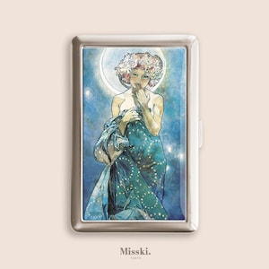 Copripiumino Moonlight, portasigarette con motivo Alphonse Mucha, portasigarette vintage, scatola di metallo, Zigarettenetui, regali per la festa del papà