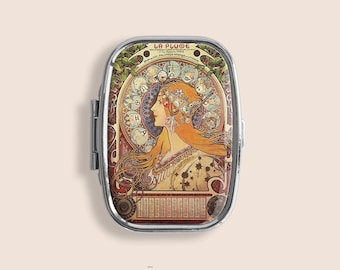 Zodiac Study Alphonse Mucha Art Nouveau Small Pill Box Ring Trinket Stash Organiser Medicine Vitamins Gum Tic Tacs Mint Metal Case Holder