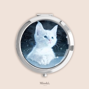 Snow Kitty Cute Cat Compact Mirror, Small Pill Box Organiser, Vintage Hand Mirror, Case, Mother&#39;s Day Gifts