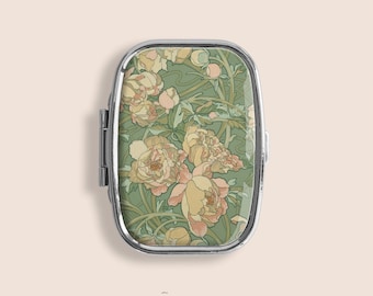 Vintage Green Floral Peach Nouveau Flower Small Pill Box Ring Trinket Stash Organiser Medicine Vitamins Gum Tic Tacs Mint Metal Case Holder
