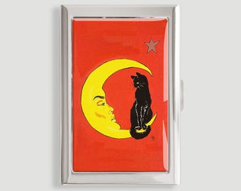 Portafoglio porta carte di credito vintage con gatto nero sulla luna, 1917, porta biglietti da visita, mini porta carte, regalo vintage