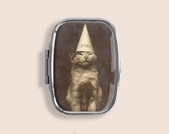 Dunce Cat Small Pill Box Ring Trinket Stash Organiser Medicine Vitamins Gum Tic Tacs Mint Metal Case Holder