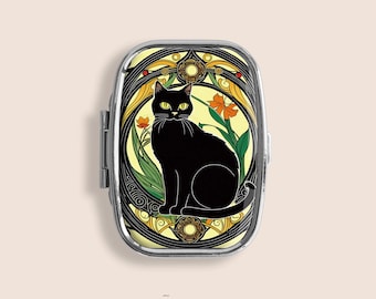 Art Nouveau Black Cat Art Small Pill Box Ring Trinket Stash Organiser Medicine Vitamins Gum Tic Tacs Mint Metal Case Holder