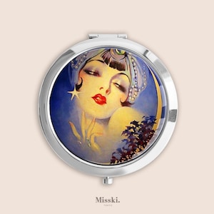 LADY in the MOON Vintage 1927 Magazine Advertising Compact Mirror, Small Pill Box Organiser, Vintage Hand Mirror, Case, Mother&#39;s Day Gifts