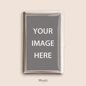 May include: A rectangular silver metal case with a grey centre panel. The words "YOUR IMAGE HERE" are displayed in white, centred on the grey panel. The brand name "Misski. Tokyo" is at the bottom.
