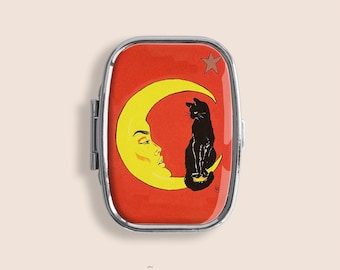 1917 Vintage Black Cat on Moon Small Pill Box Case - Medicine Container, Pill Organizer, Vitamins Gum Tic Tacs Mint Holder