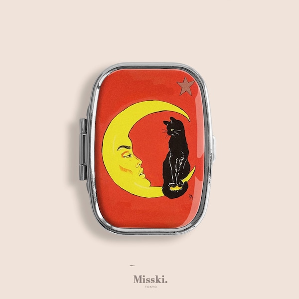 1917 Vintage Svart Katt på Månen Litet Pilleraskfodral - Medicinbehållare, Pillerförvaring, Vitaminer Tuggummi Tic Tacs Mynthållare