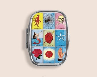 Loteria Tarot Card Fortune Telling Game Small Pill Box Ring Trinket Stash Organiser Medicine Vitamins Gum Tic Tacs Mint Metal Case Holder
