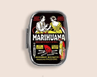 Marihuana Marijuana Vintage Movie Poster Small Pill Box Ring Trinket Stash Organiser Medicine Vitamins Gum Tic Tacs Mint Metal Case Holder