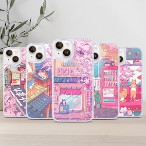 Custodia per telefono con gatto carino, stile giapponese, rosa, per Apple iPhone, Samsung Galaxy e Google Pixel, regalo per ragazza.