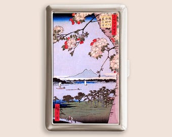 Japanese Art Cherry Blossoms on Spring River Cigarette Case, Vintage Purse Joint Holder, Metal Box, Zigarettenetui, Father's Day Gifts