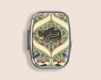 Art Nouveau Black Cat and Mouse Small Pill Box Ring Trinket Stash Organiser Medicine Vitamins Gum Tic Tacs Mint Metal Case Holder