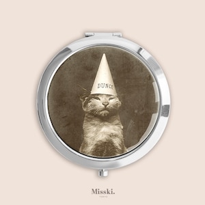 Dunce Cat Compact Mirror, Small Pill Box Organiser, Vintage Hand Mirror, Case, Mother&#39;s Day Gifts