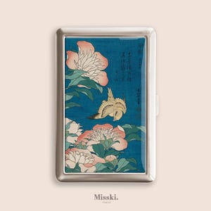 Peonie e canarini, portasigarette di Katsushika Hokusai, portasigarette vintage, scatola di metallo, Zigarettenetui, regali per la festa del papà
