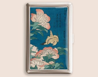 Peonies and Canary, Katsushika Hokusai Cigarette Case, Vintage Purse Joint Holder, Metal Box, Zigarettenetui, Father's Day Gifts