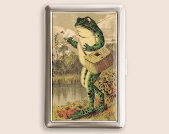 Frog Going Fishing Cigarette Case, Vintage Purse Joint Holder, Metal Box, Zigarettenetui, Father's Day Gifts