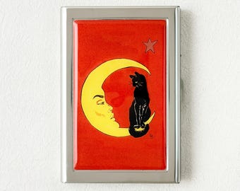 1917 Vintage Black Cat on Moon Credit Card Holder Wallet Business Card Case Mini Card Case Vintage Gift
