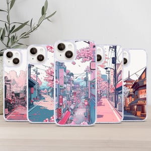 Coque de portable fleurs de cerisier roses paysage japonais coréen pour Apple iPhone, Samsung Galaxy et Google Pixel, cadeau