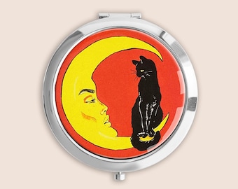 1917 Vintage Black Cat on Moon Compact Mirror, Small Pill Box Organiser, Vintage Hand Mirror, Case, Mother's Day Gifts